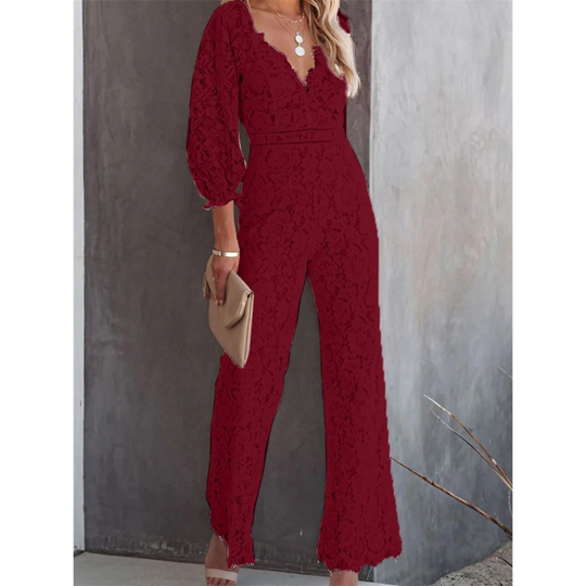 VIDA Jumpsuit mit weißem hohlen Blumendruck V-Ausschnitt weite Hosen