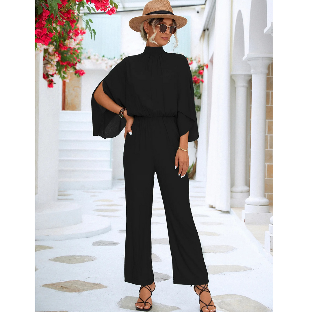 VIDA eleganter grüner Jumpsuit mit einfacher Hose und Schleifenkragen