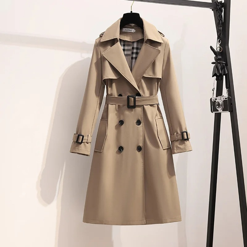 Vintola - Damen Mantel Langer Trenchcoat, Doppelreihig, Mit Gürtel und Taschen