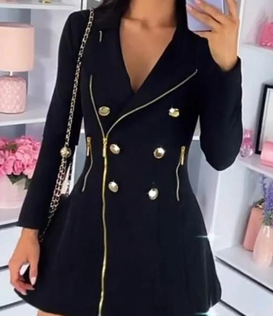 Elegira - Blazer Kleid Damen Mit Reißverschlussdetails und Goldknöpfen