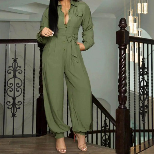 VIDA eleganter schwarzer einfacher Jumpsuit mit Drehkragen