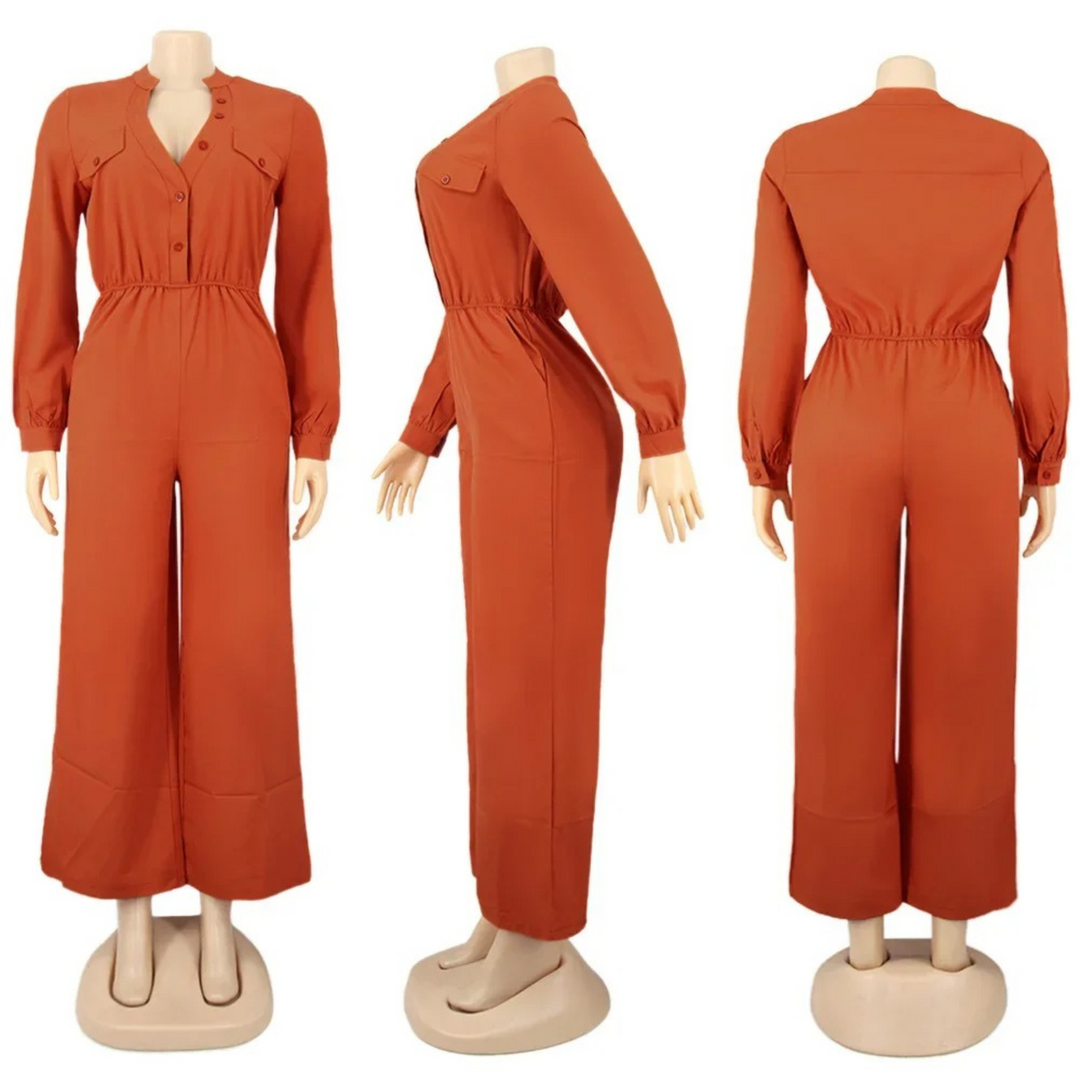 VIDA rosafarbener V-Ausschnitt Knopf elastischer loser Hosen-Jumpsuit