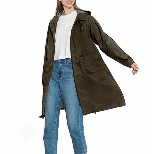 Drizzla - Regenjacke Damen mit Kordelzug und Kapuze, Leichter Langer Wasserdichter Mantel