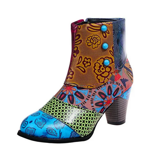 Komfoti - Damen Ankle Boots mit floralem Patchwork-Design und Reißverschluss