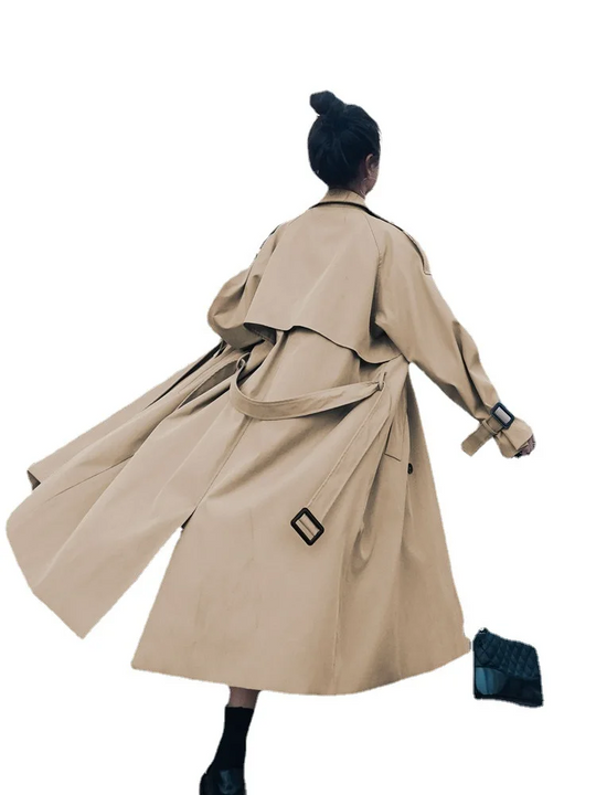 Stilvol - Damen Mantel Langer Trenchcoat mit Doppelknopfleiste und Gürtel