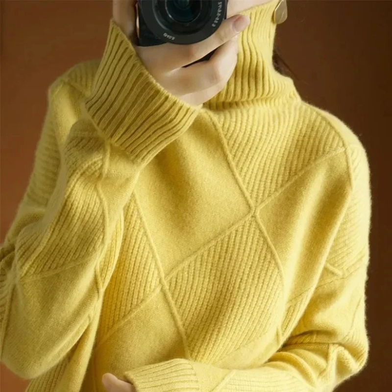 Frauenz - Rollkragenpullover Damen, Strickpullover mit Rautenmuster, Weich und Gemütlich