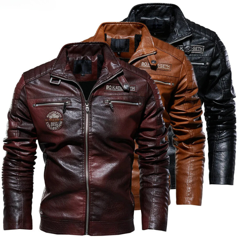 Vintiro - Lederjacke Herren - Stylische Bikerjacke mit Reißverschluss und Logos