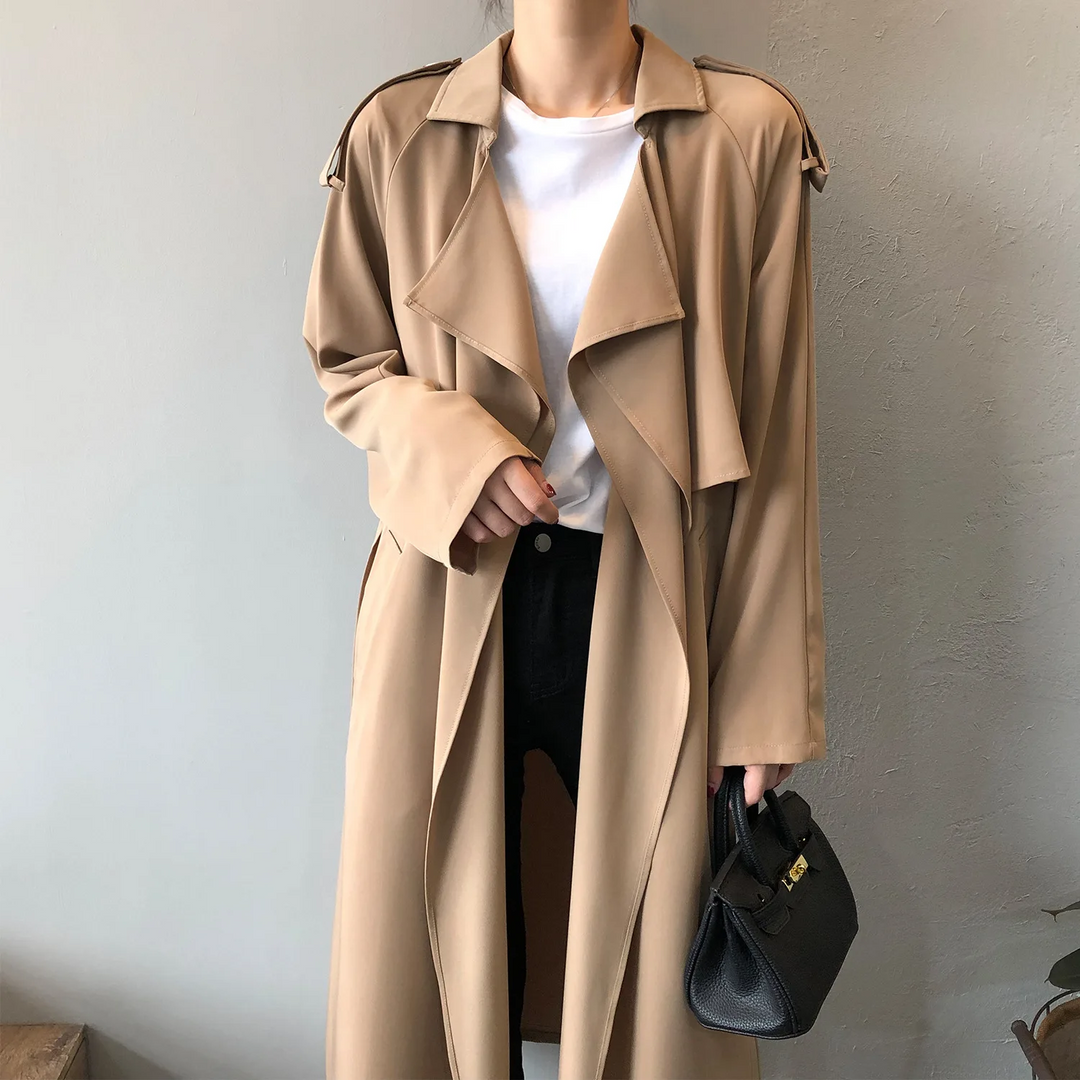 Charmin - Damen Mantel Langer Trenchcoat, Offener Schnitt, Mit Reverskragen