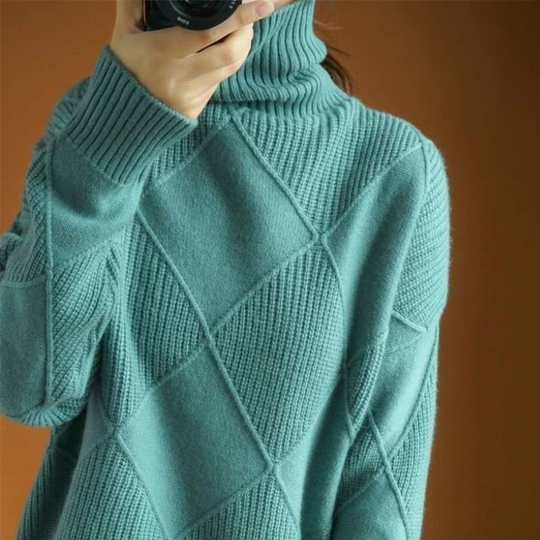 Frauenz - Rollkragenpullover Damen, Strickpullover mit Rautenmuster, Weich und Gemütlich