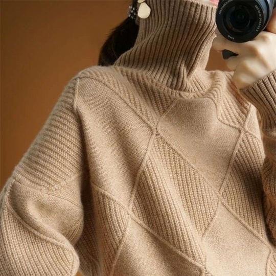 Classik - Rollkragenpullover Damen, Strukturierter Strickpullover, Rautenmuster