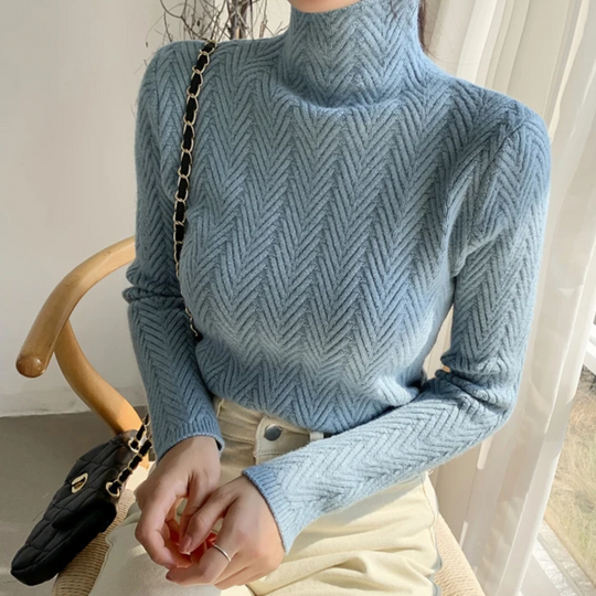 Kuschel - Rollkragenpullover Damen Mit Fischgrätenmuster, Enganliegend