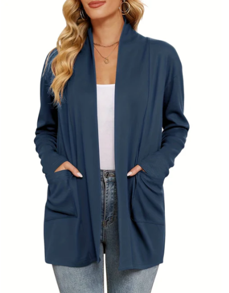 Fröhlig - Damen Blazer Strickjacke mit Schalkragen und Taschen