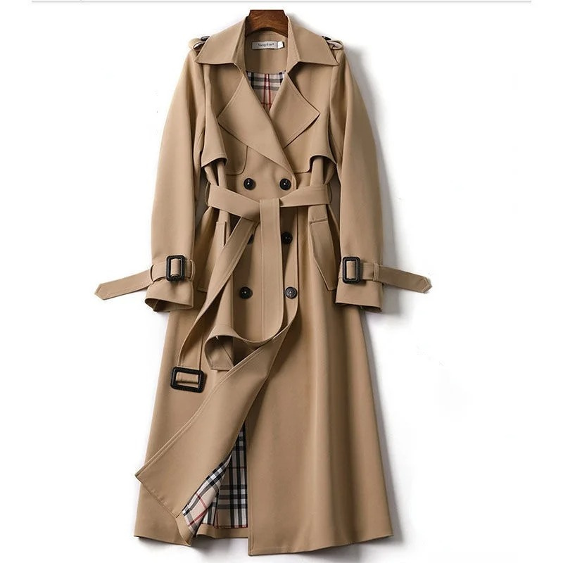 Femineo - Damen Mantel Langer Trenchcoat, Doppelreihig, Mit Gürtel und Klappentaschen