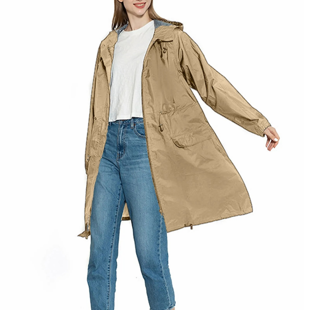 Drizzla - Regenjacke Damen mit Kordelzug und Kapuze, Leichter Langer Wasserdichter Mantel