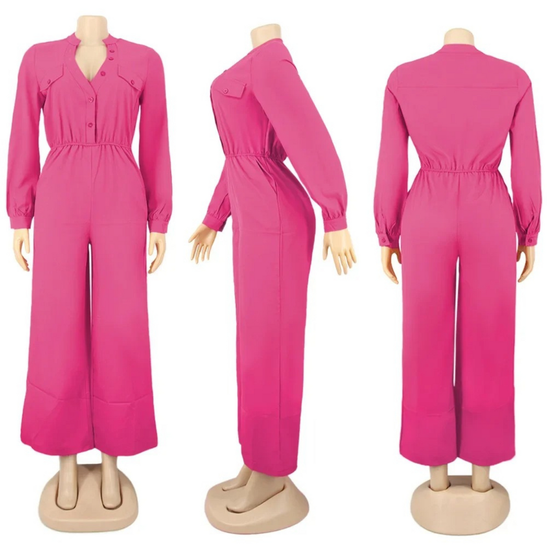 VIDA rosafarbener V-Ausschnitt Knopf elastischer loser Hosen-Jumpsuit