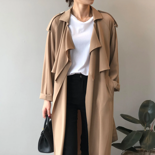 Charmin - Damen Mantel Langer Trenchcoat, Offener Schnitt, Mit Reverskragen