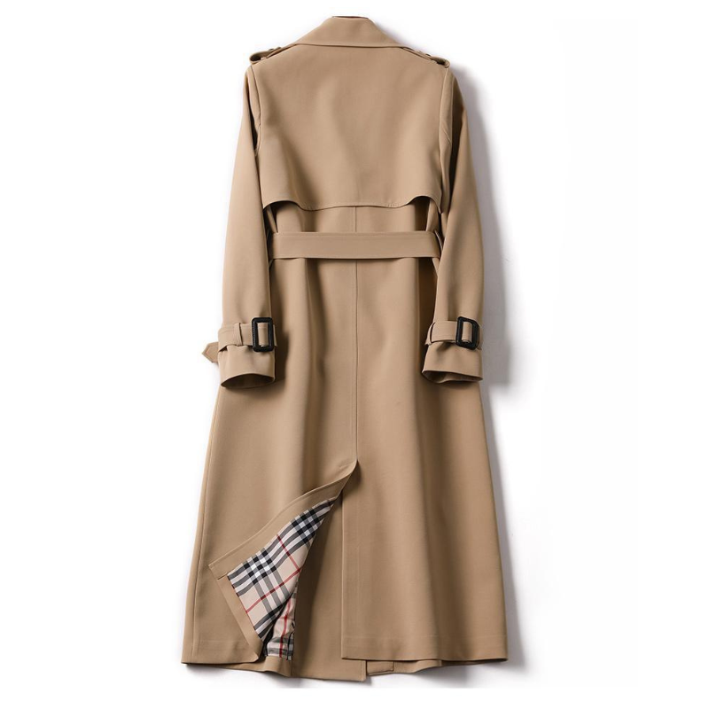 Femineo - Damen Mantel Langer Trenchcoat, Doppelreihig, Mit Gürtel und Klappentaschen