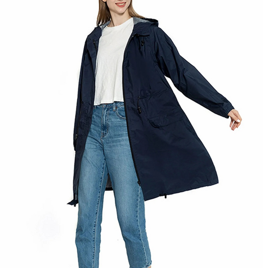 Drizzla - Regenjacke Damen mit Kordelzug und Kapuze, Leichter Langer Wasserdichter Mantel