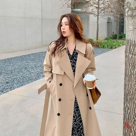 Elegant - Damen Mantel Langer Trenchcoat-Stil, Doppelreihig, Mit Gürtel