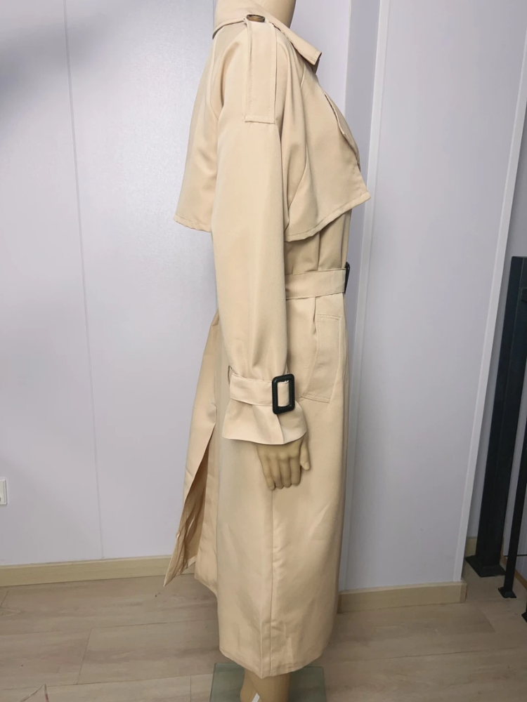 Stilvol - Damen Mantel Langer Trenchcoat mit Doppelknopfleiste und Gürtel