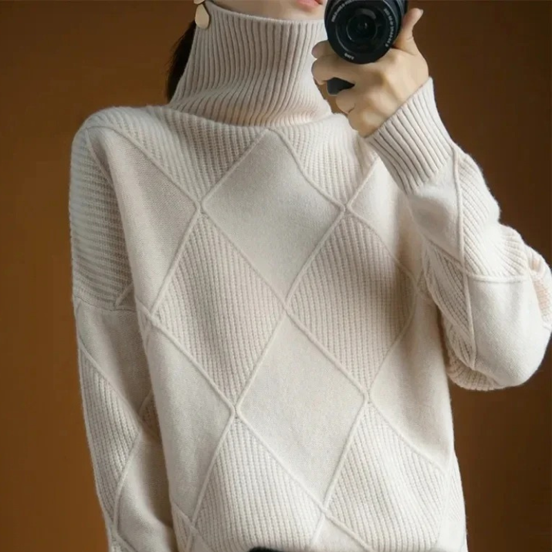 Frauenz - Rollkragenpullover Damen, Strickpullover mit Rautenmuster, Weich und Gemütlich