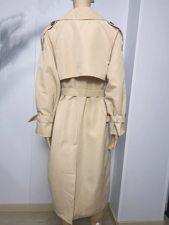 Stilvol - Damen Mantel Langer Trenchcoat mit Doppelknopfleiste und Gürtel