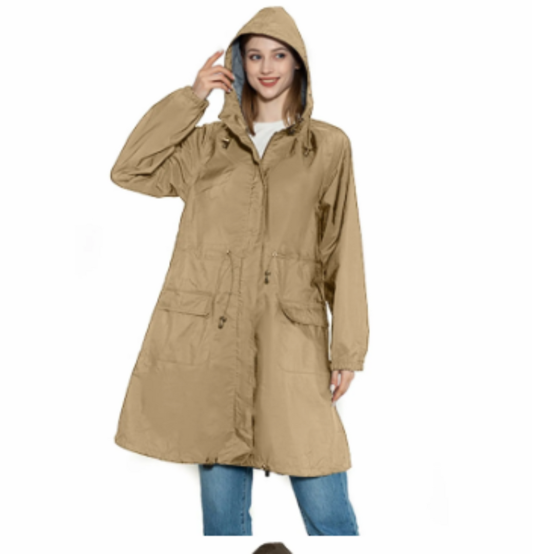 Drizzla - Regenjacke Damen mit Kordelzug und Kapuze, Leichter Langer Wasserdichter Mantel