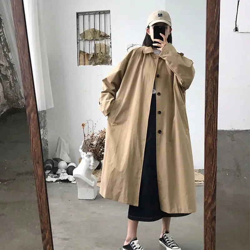 Manture - Damen Mantel Langer Oversized Stil, Einreihig, Mit Weiten Ärmeln