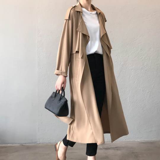 Charmin - Damen Mantel Langer Trenchcoat, Offener Schnitt, Mit Reverskragen