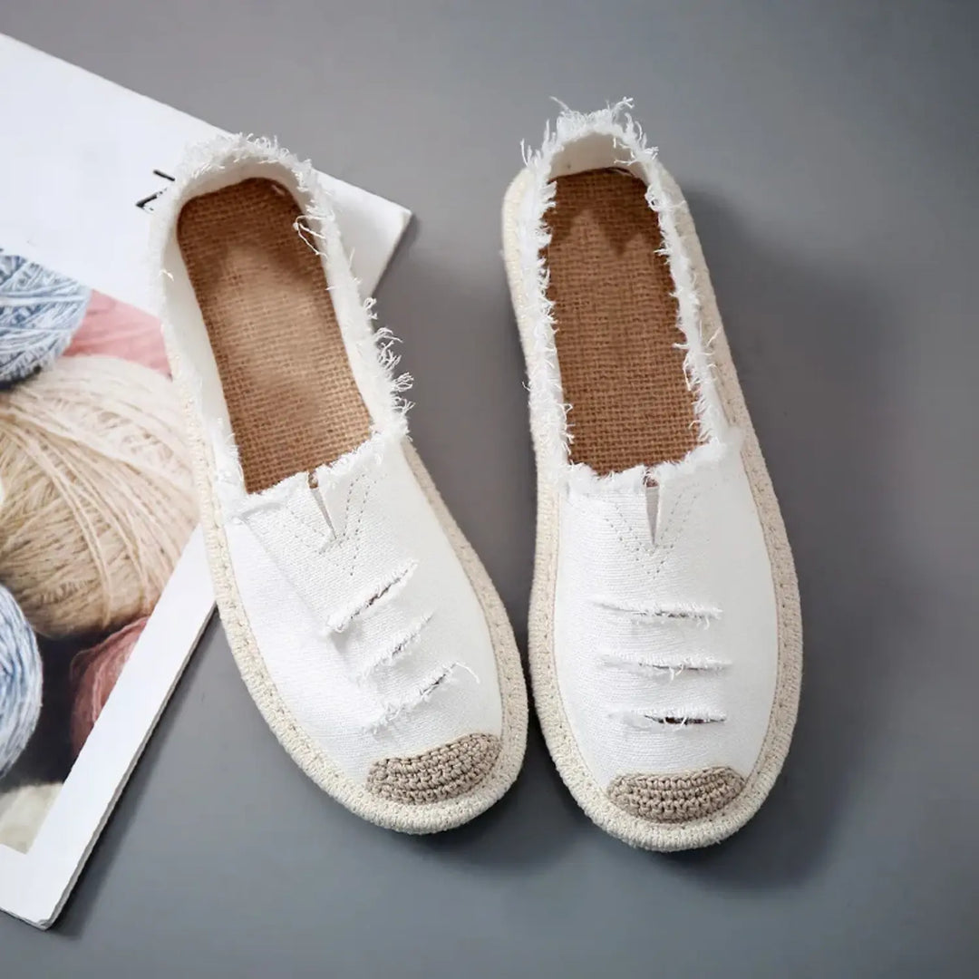 VIDA Zerrissener Leinwandstoff Schwarz Weiße Damen Espadrilles